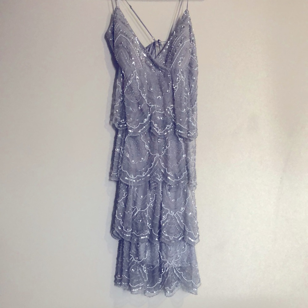 Sue Wong Nocturne Silver Beaded Evening/Cocktail Dress Size 12